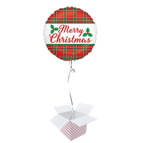 Christmas Plaid Holographic Round Foil Helium Balloon - Inflated Balloon in a Box