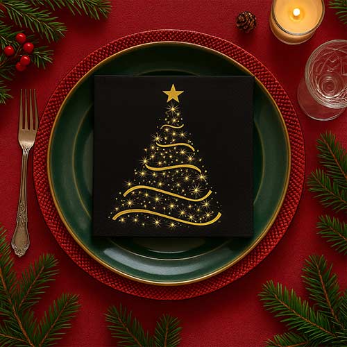 Christmas Shining Tree Black Premium Decoupage Luncheon Napkins 3 Ply 33cm - Pack of 20