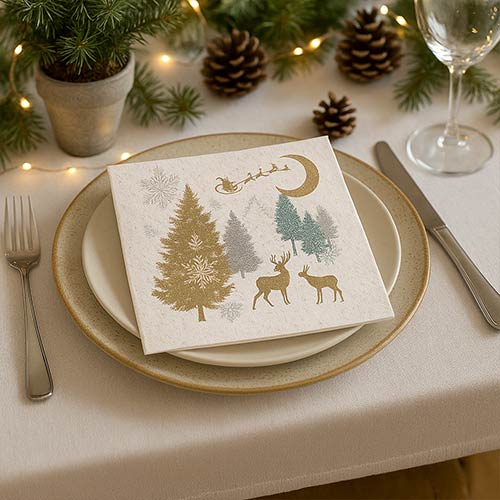 Christmas Winter Forest Green & Gold Premium Decoupage Luncheon Napkins 3 Ply 33cm - Pack of 20