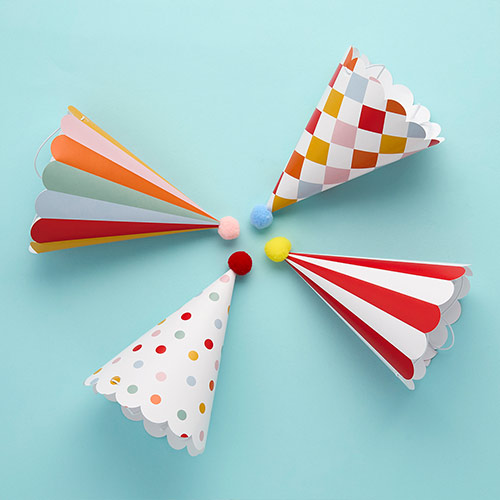 Circus Scalloped Paper Party Hats with Pom Poms - Pack of 8 Product Gallery Image