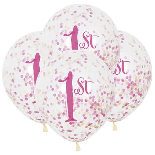 Clear 1st Birthday Biodegradable Latex Balloon With Pink Confetti Inside 30cm / 12 in - Pack of 6 Product Image