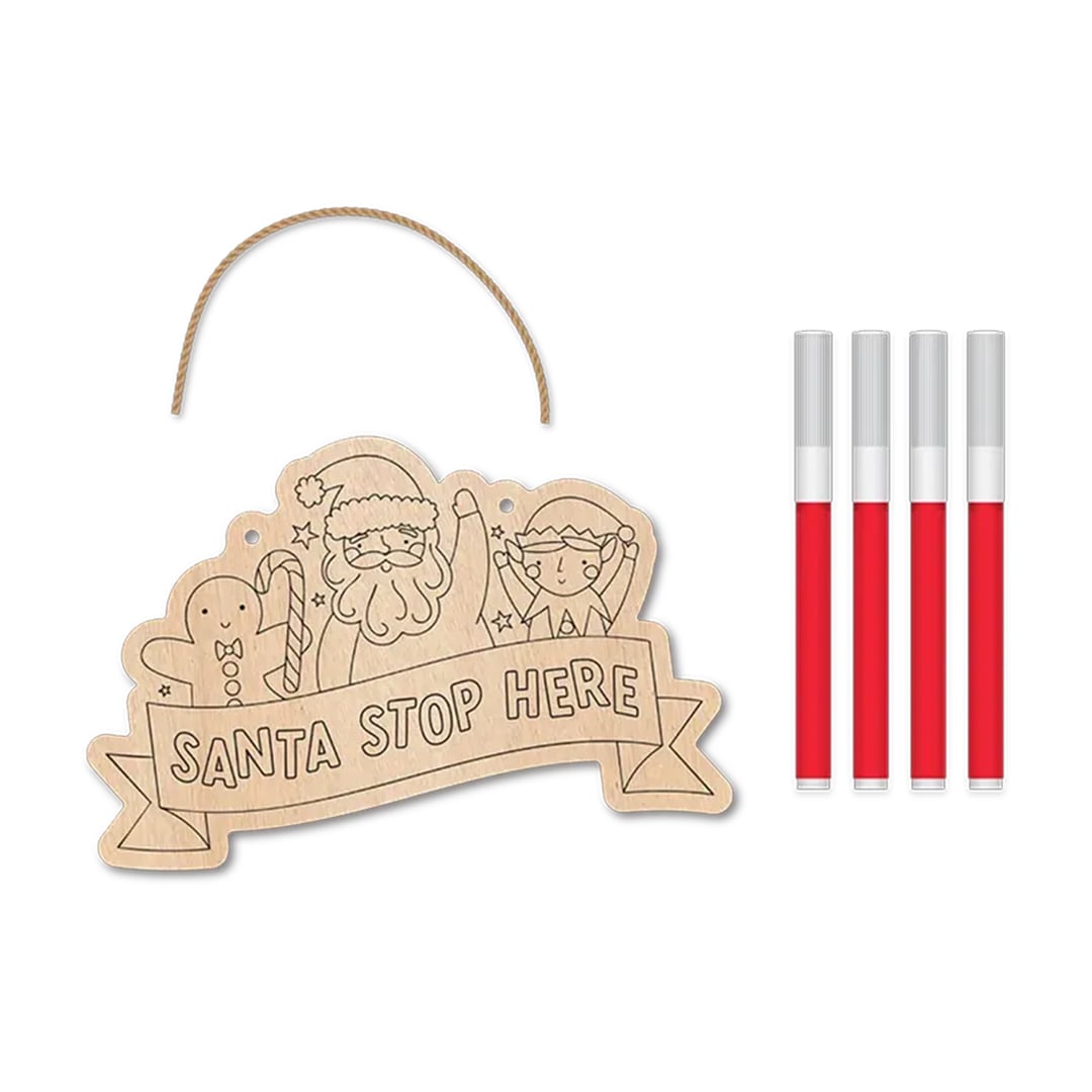 Colour Your Own Santa Claus Stop Here Wooden Hanging Christmas Sign 12.5cm