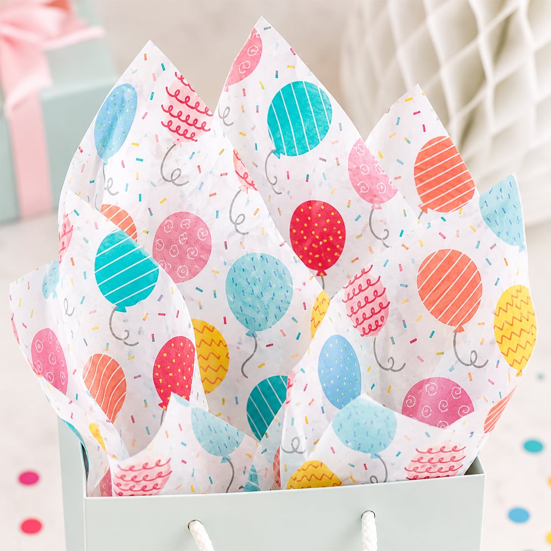 Colourful Birthday Balloons White Tissue Gift Wrap Paper Sheets - Pack of 5