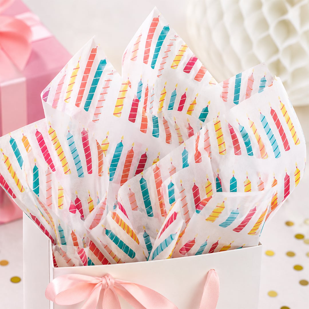 Colourful Birthday Candles White Tissue Gift Wrap Paper Sheets - Pack of 5