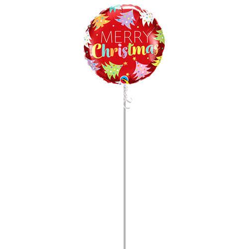Colourful Christmas Trees Red Round Foil Helium Balloon - Inflated Balloon in a Box