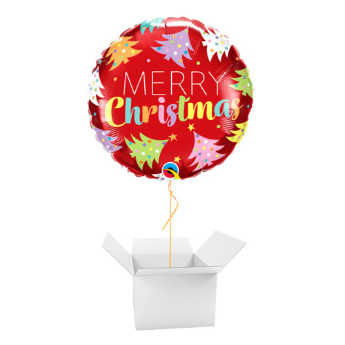 Colourful Christmas Trees Red Round Foil Helium Balloon - Inflated Balloon in a Box Product Gallery Image