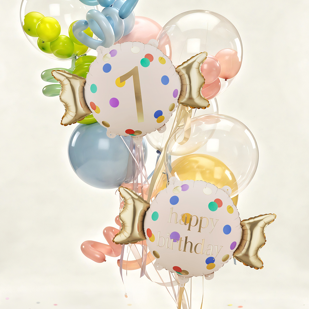 Colourful Dots & Gold 1st Birthday Sweet Candy Shaped Foil Balloon 61cm / 24 in View 2