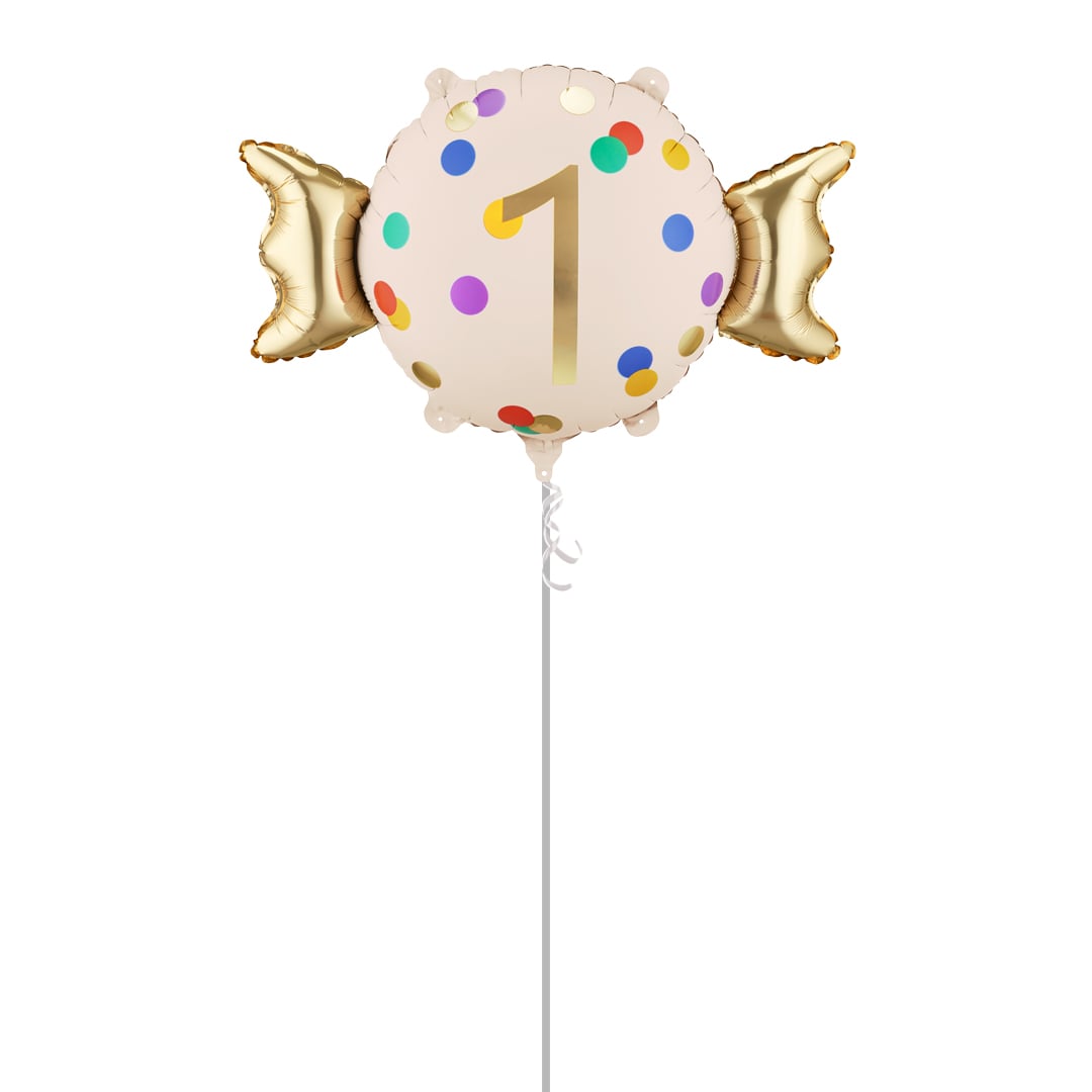 Colourful Dots & Gold 1st Birthday Sweet Candy Shaped Foil Balloon - Inflated Balloon In A Box Product Gallery Image