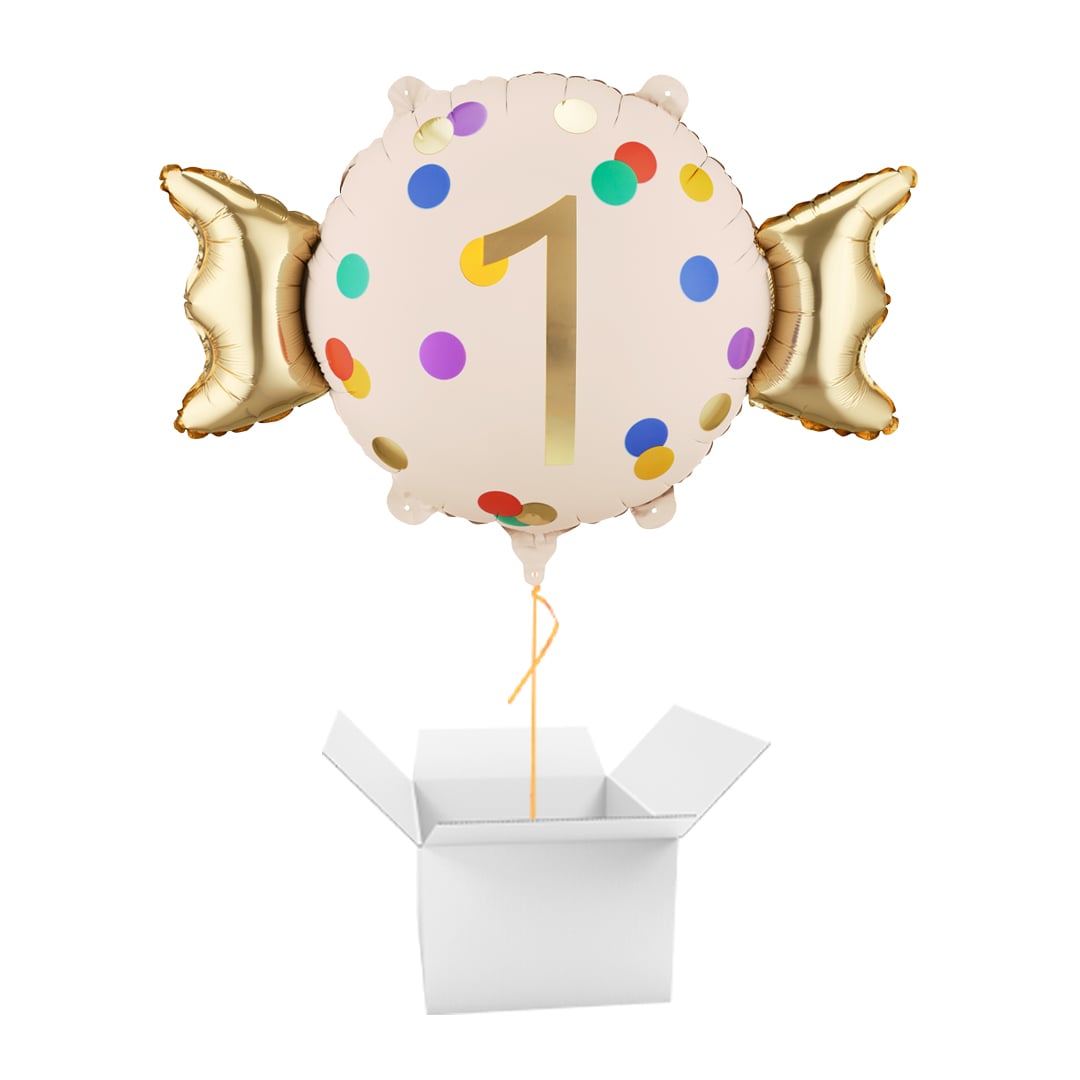 Colourful Dots & Gold 1st Birthday Sweet Candy Shaped Foil Balloon - Inflated Balloon In A Box