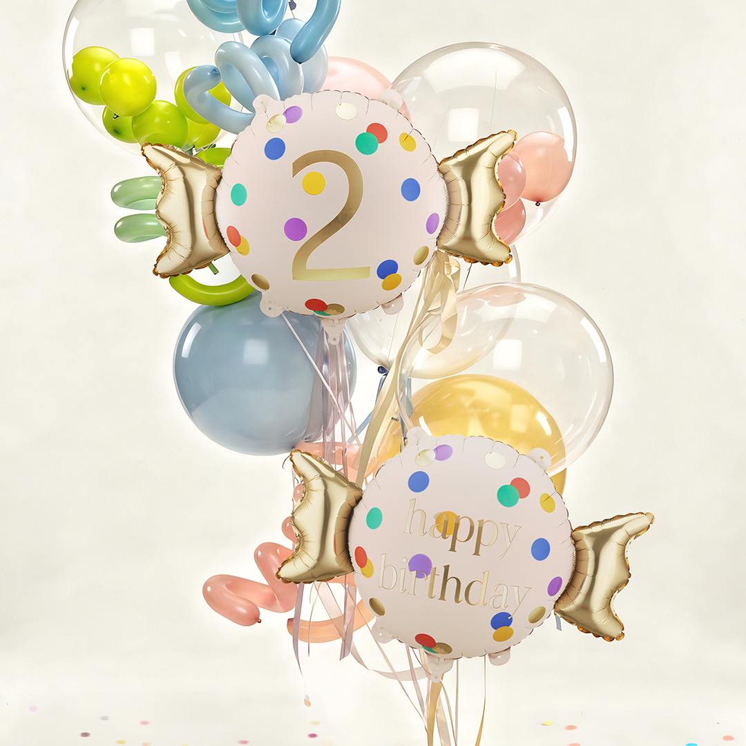 Colourful Dots & Gold 2nd Birthday Sweet Candy Shaped Foil Balloon 61cm / 24 in View 2