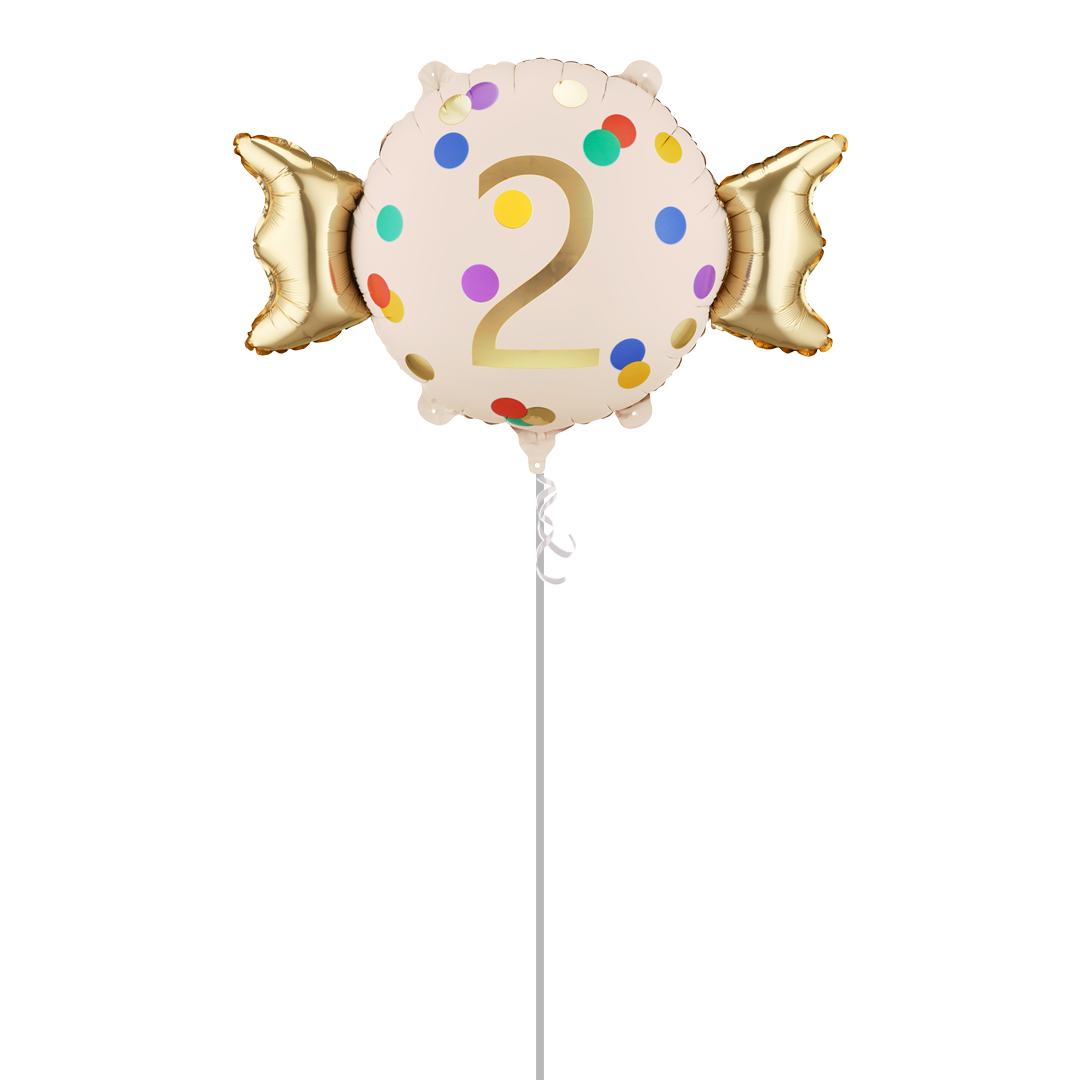 Colourful Dots & Gold 2nd Birthday Sweet Candy Shaped Foil Balloon - Inflated Balloon In A Box Product Gallery Image