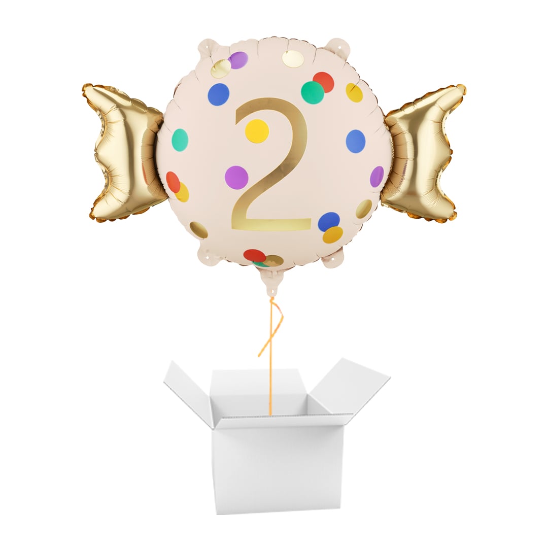 Colourful Dots & Gold 2nd Birthday Sweet Candy Shaped Foil Balloon - Inflated Balloon In A Box