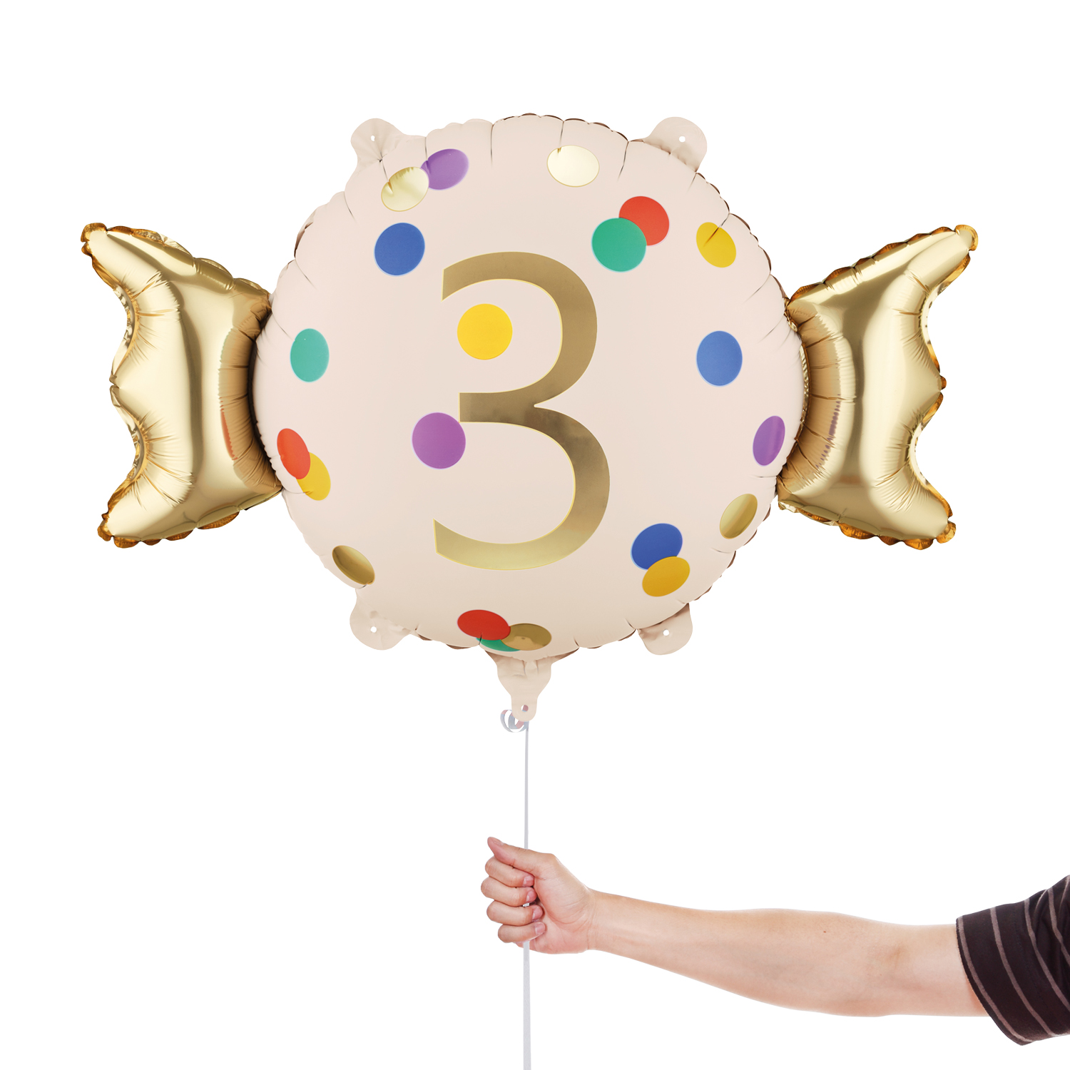 Colourful Dots & Gold 3rd Birthday Sweet Candy Shaped Foil Balloon 61cm / 24 in View 3