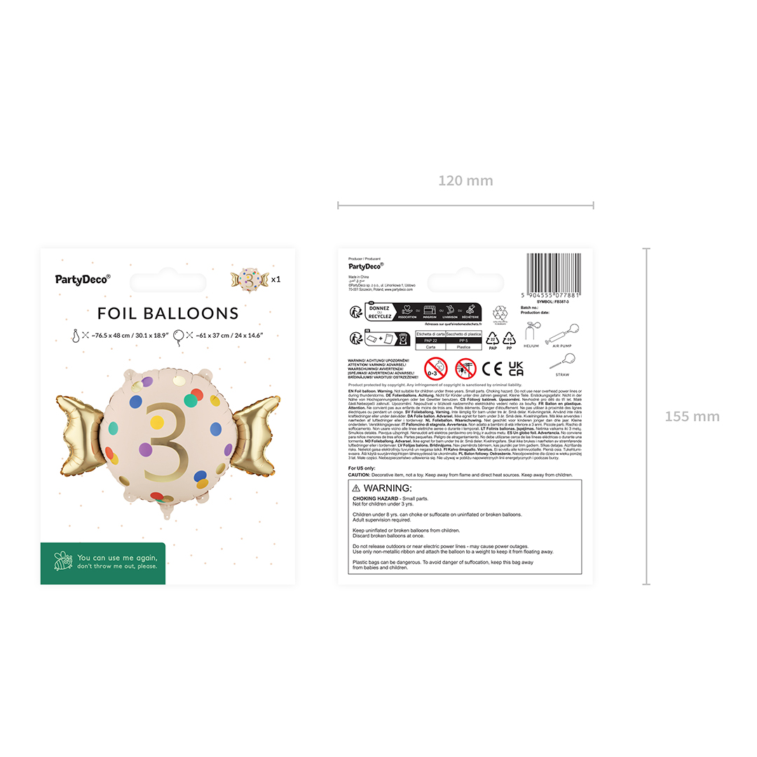 Colourful Dots & Gold 3rd Birthday Sweet Candy Shaped Foil Balloon 61cm / 24 in View 4