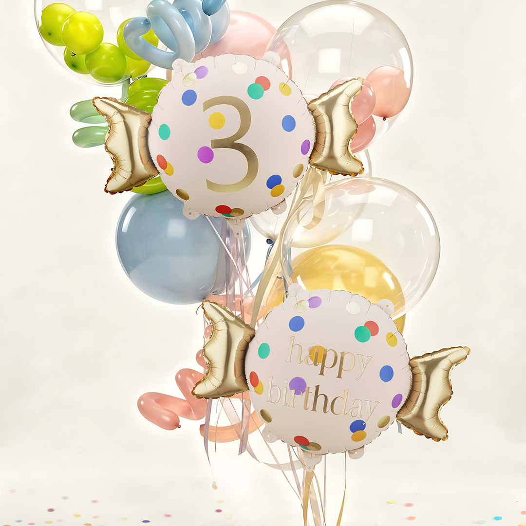 Colourful Dots & Gold 3rd Birthday Sweet Candy Shaped Foil Balloon 61cm / 24 in View 2