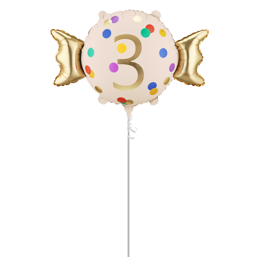 Colourful Dots & Gold 3rd Birthday Sweet Candy Shaped Foil Balloon - Inflated Balloon In A Box Product Gallery Image