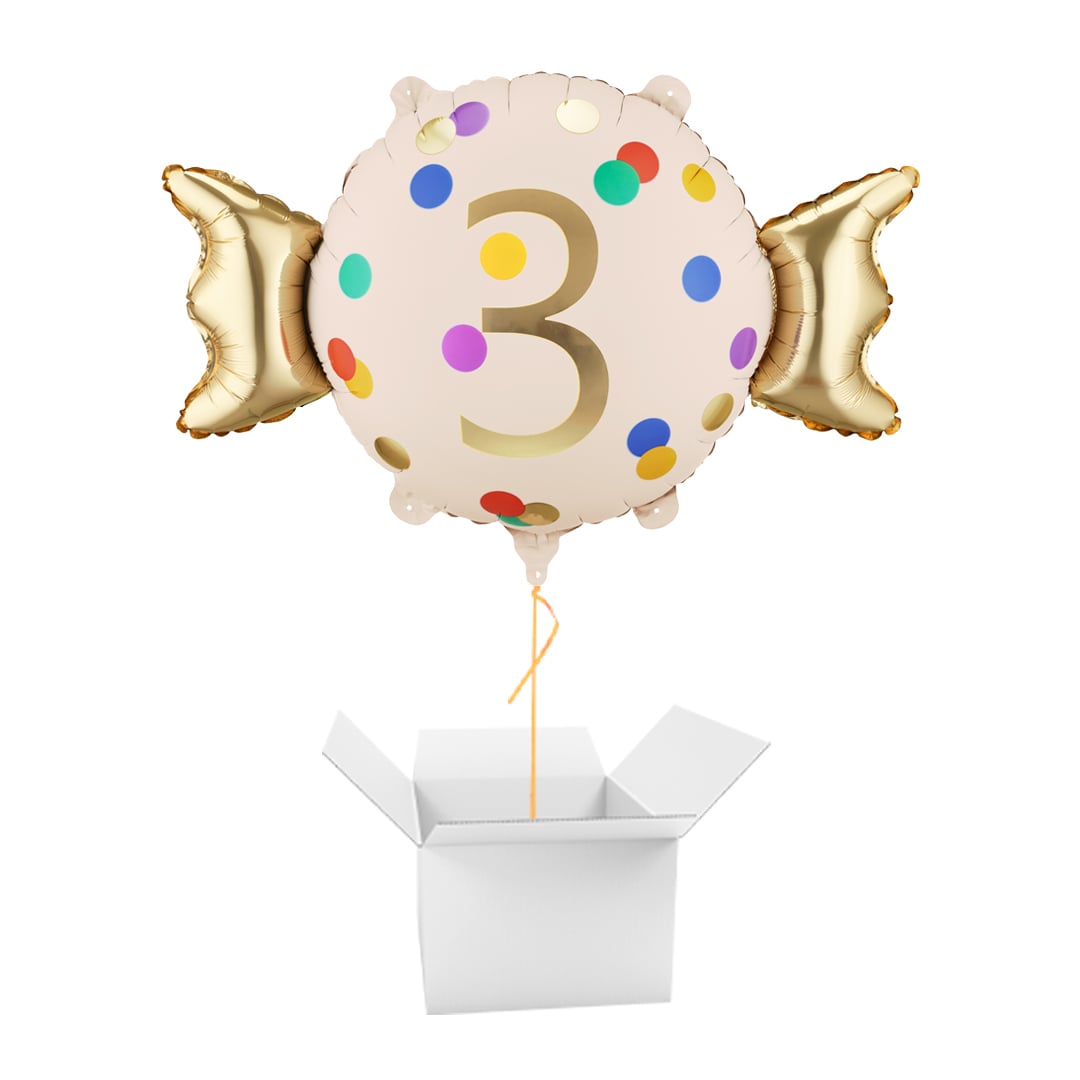 Colourful Dots & Gold 3rd Birthday Sweet Candy Shaped Foil Balloon - Inflated Balloon In A Box