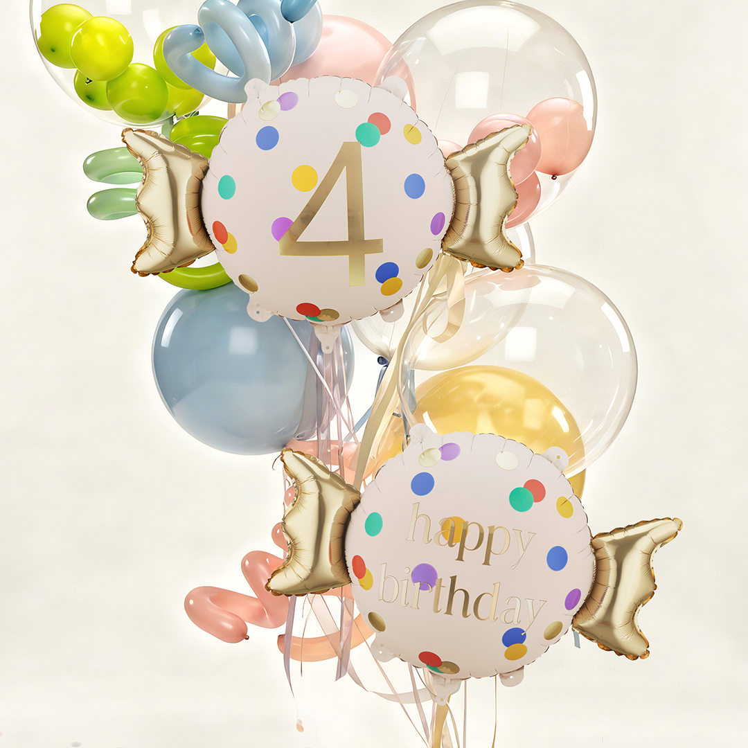 Colourful Dots & Gold 4th Birthday Sweet Candy Shaped Foil Balloon 61cm / 24 in View 2