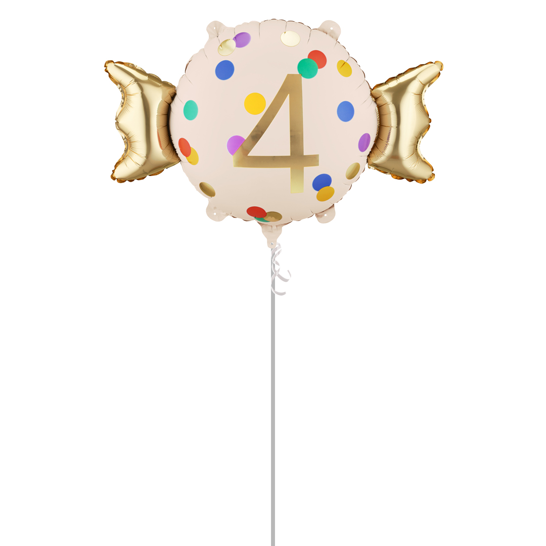Colourful Dots & Gold 4th Birthday Sweet Candy Shaped Foil Balloon - Inflated Balloon In A Box Product Gallery Image