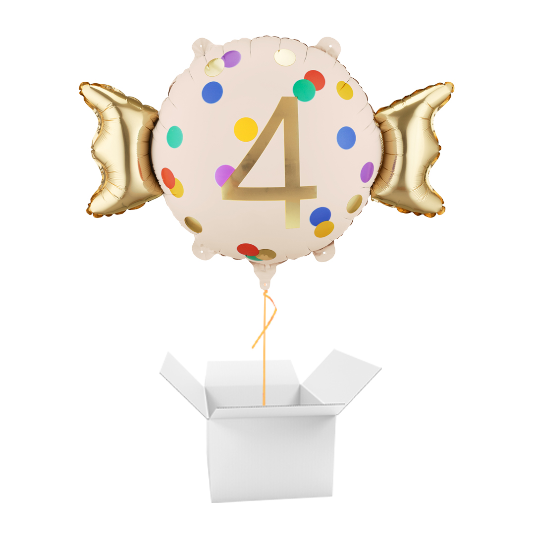 Colourful Dots & Gold 4th Birthday Sweet Candy Shaped Foil Balloon - Inflated Balloon In A Box