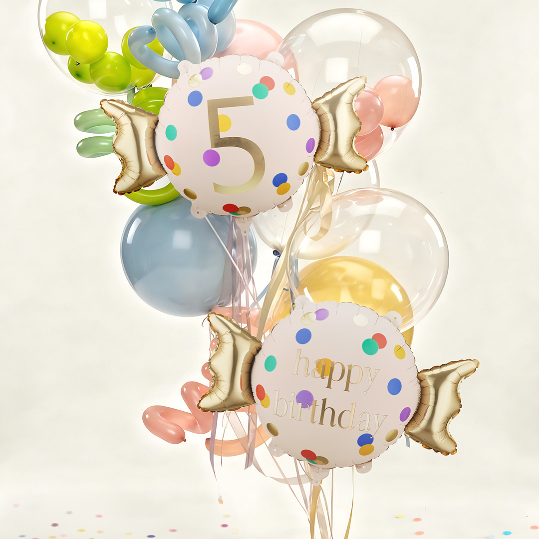 Colourful Dots & Gold 5th Birthday Sweet Candy Shaped Foil Balloon 61cm / 24 in View 2