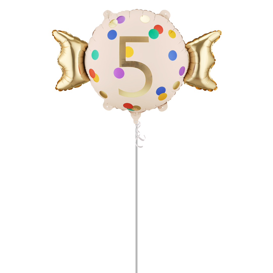 Colourful Dots & Gold 5th Birthday Sweet Candy Shaped Foil Balloon - Inflated Balloon In A Box Product Gallery Image