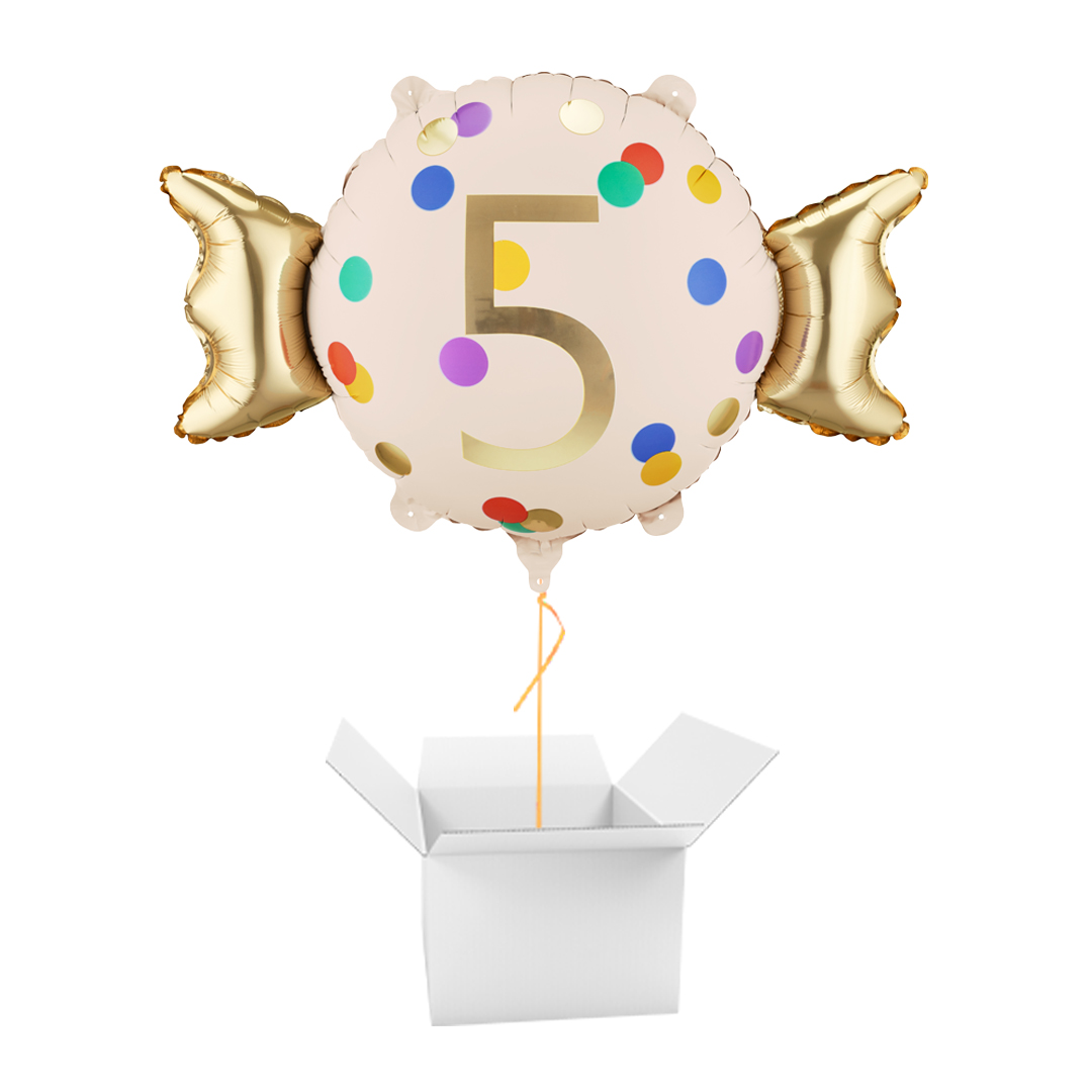 Colourful Dots & Gold 5th Birthday Sweet Candy Shaped Foil Balloon - Inflated Balloon In A Box