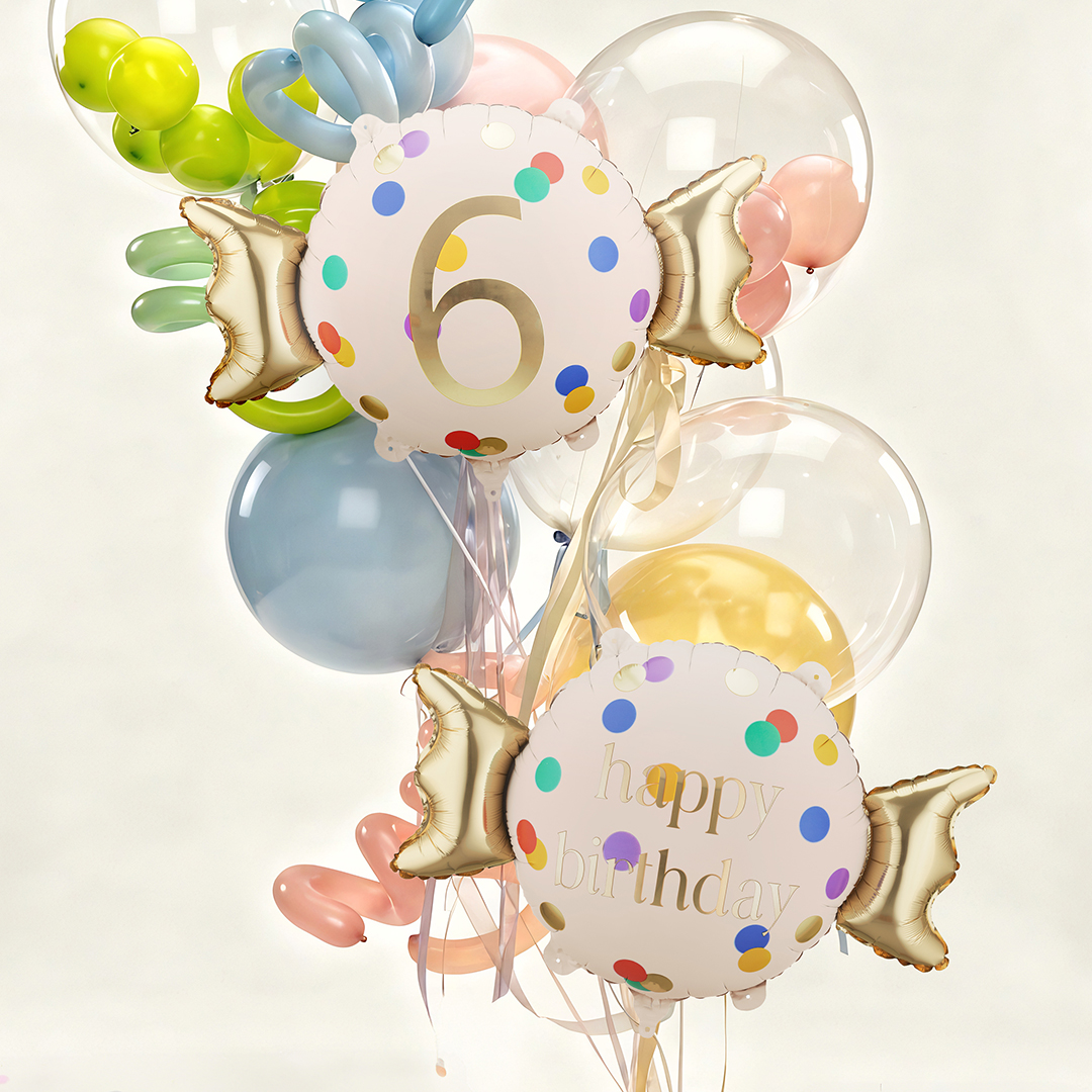 Colourful Dots & Gold 6th Birthday Sweet Candy Shaped Foil Balloon 61cm / 24 in View 2