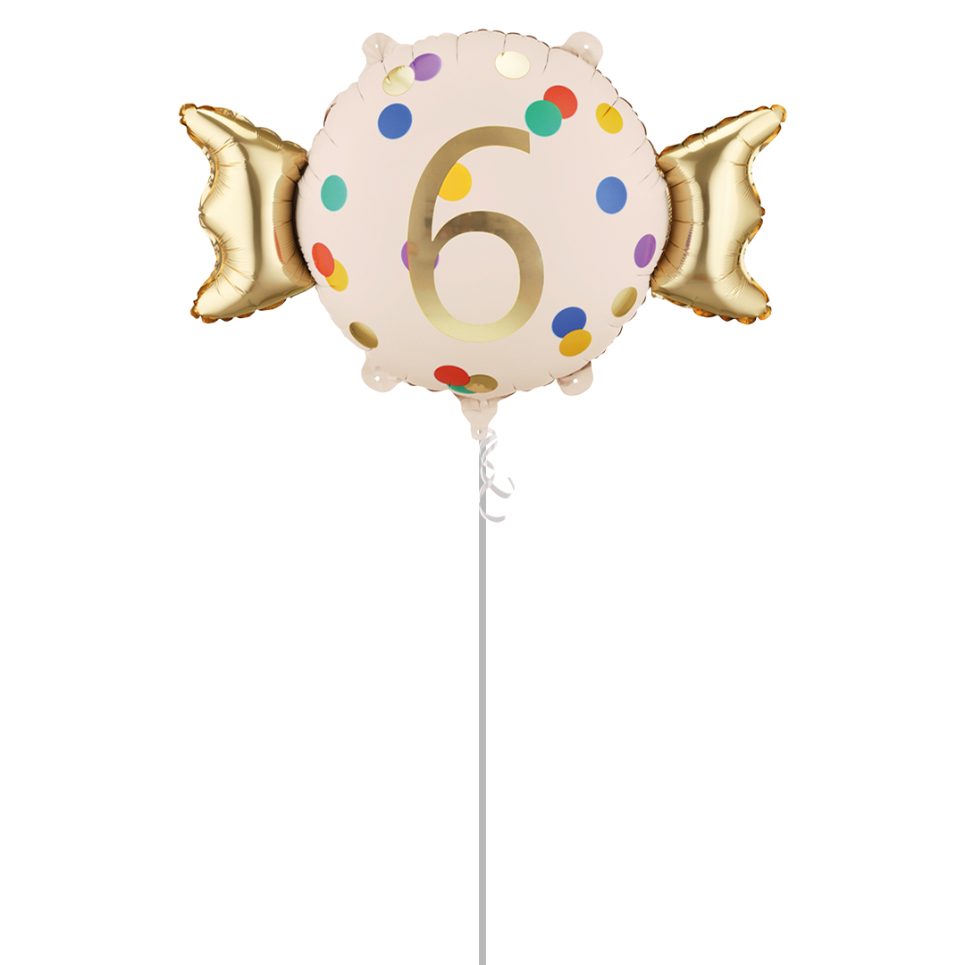 Colourful Dots & Gold 6th Birthday Sweet Candy Shaped Foil Balloon - Inflated Balloon In A Box Product Gallery Image