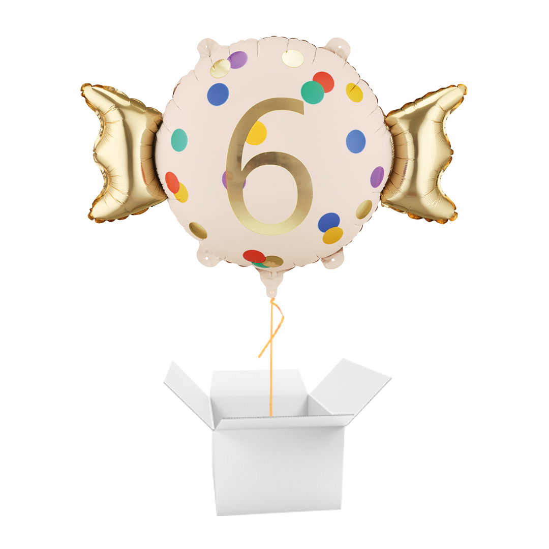 Colourful Dots & Gold 6th Birthday Sweet Candy Shaped Foil Balloon - Inflated Balloon In A Box