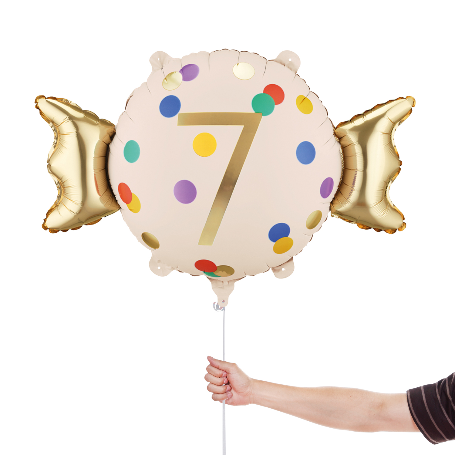 Colourful Dots & Gold 7th Birthday Sweet Candy Shaped Foil Balloon 61cm / 24 in View 3