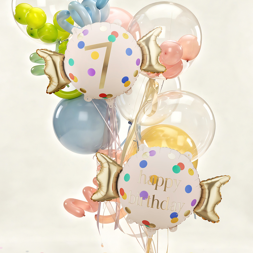 Colourful Dots & Gold 7th Birthday Sweet Candy Shaped Foil Balloon 61cm / 24 in View 2