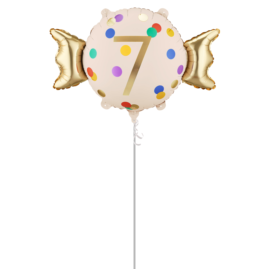 Colourful Dots & Gold 7th Birthday Sweet Candy Shaped Foil Balloon - Inflated Balloon In A Box Product Gallery Image