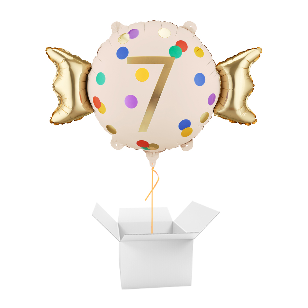 Colourful Dots & Gold 7th Birthday Sweet Candy Shaped Foil Balloon - Inflated Balloon In A Box
