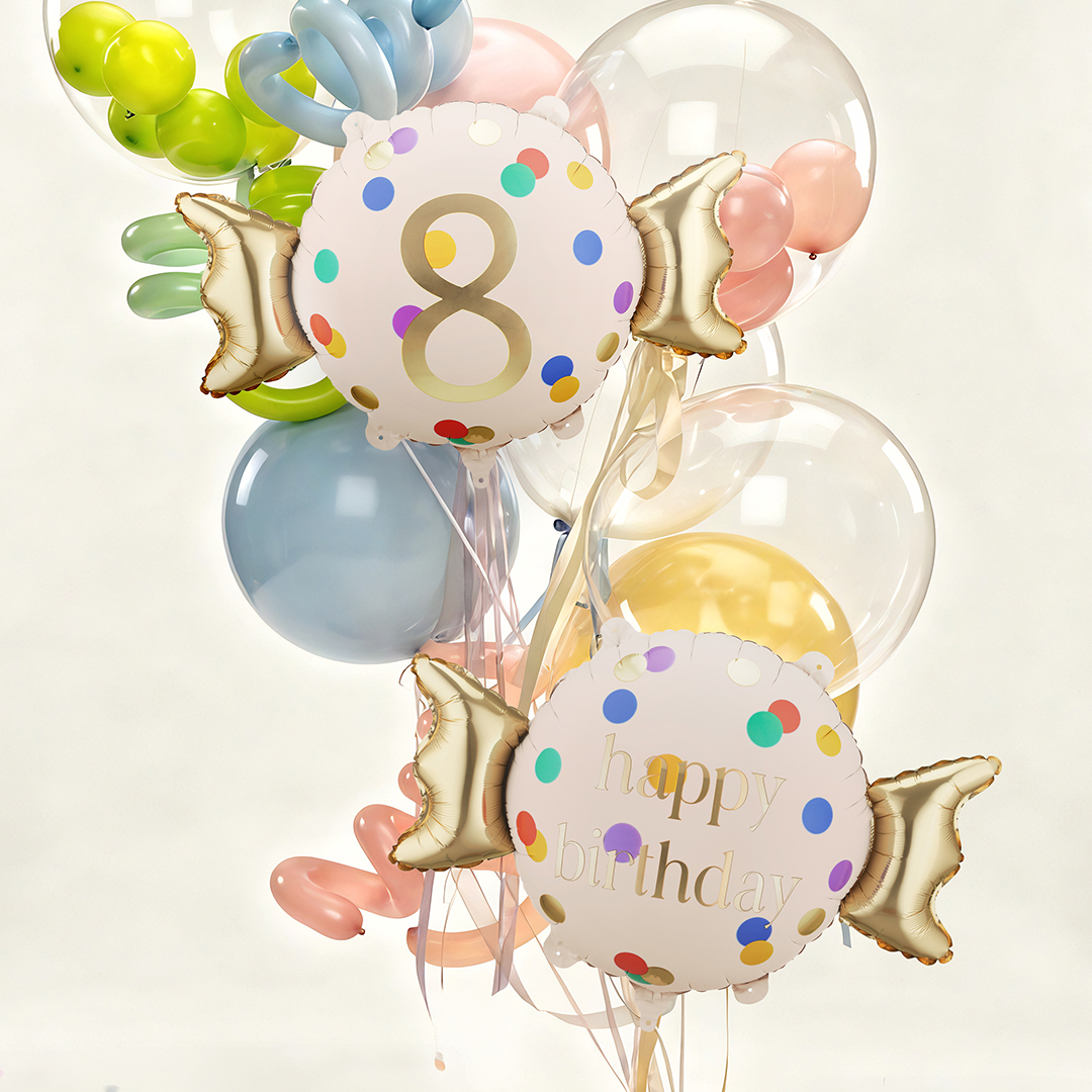 Colourful Dots & Gold 8th Birthday Sweet Candy Shaped Foil Balloon 61cm / 24 in View 2