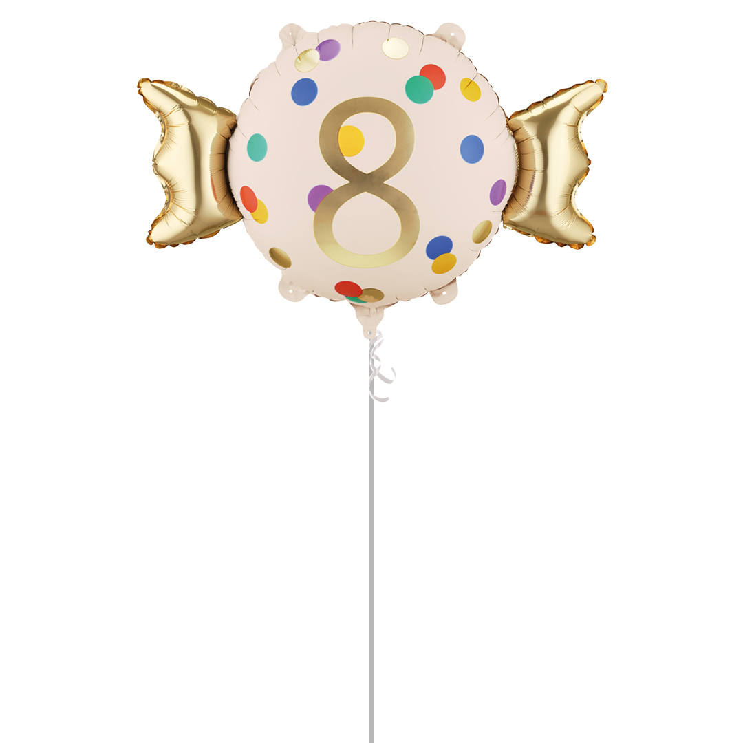 Colourful Dots & Gold 8th Birthday Sweet Candy Shaped Foil Balloon - Inflated Balloon In A Box Product Gallery Image