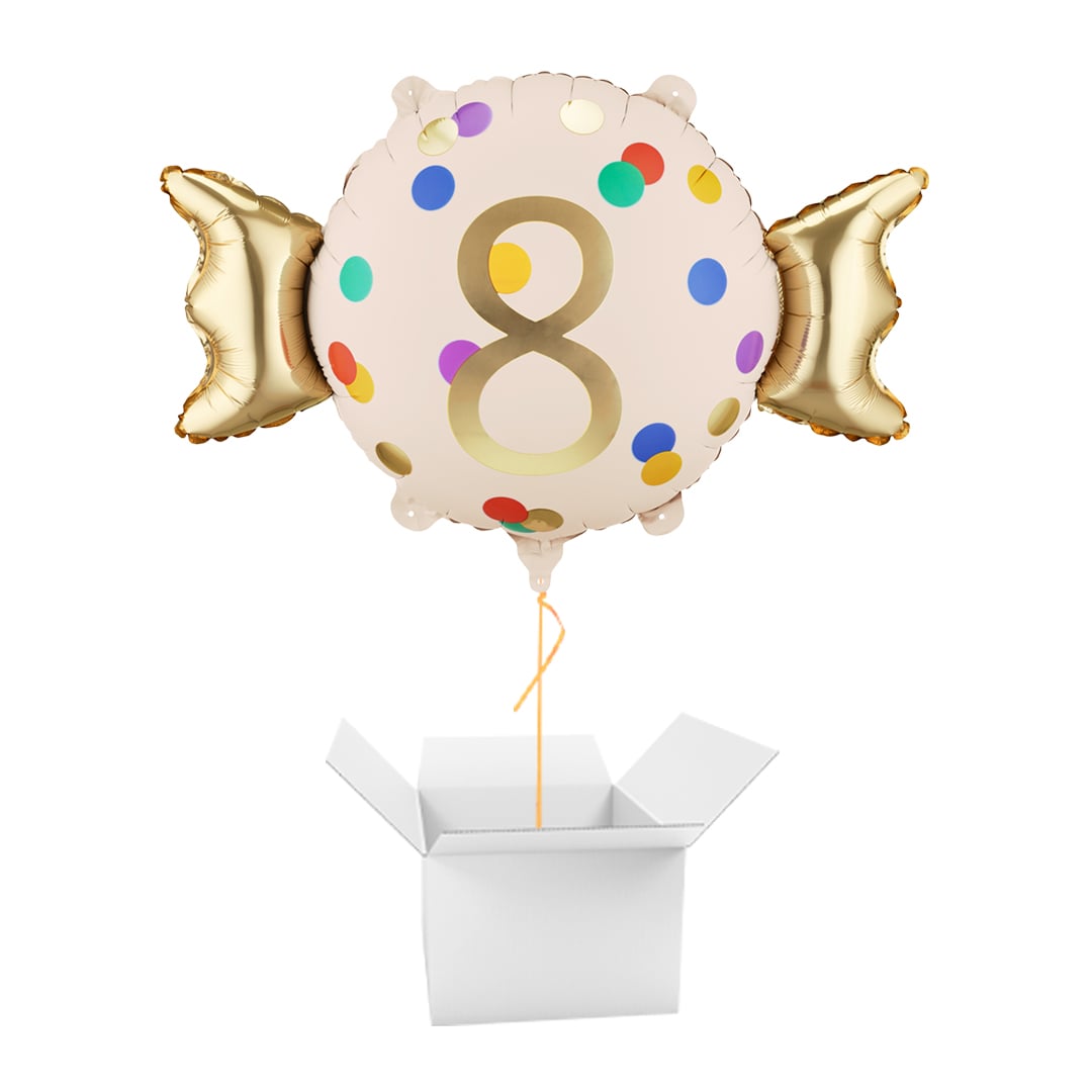 Colourful Dots & Gold 8th Birthday Sweet Candy Shaped Foil Balloon - Inflated Balloon In A Box
