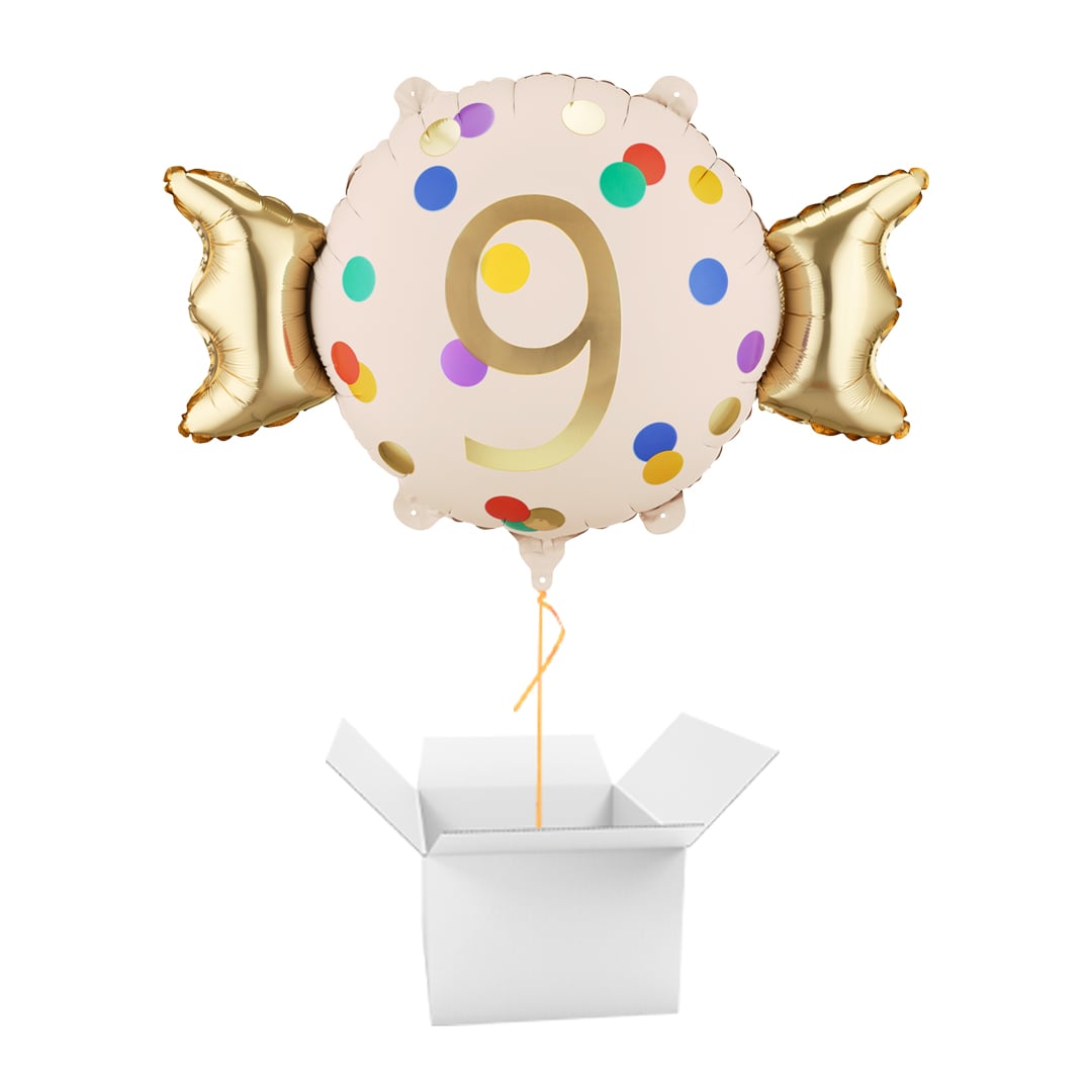 Colourful Dots & Gold 9th Birthday Sweet Candy Shaped Foil Balloon - Inflated Balloon In A Box