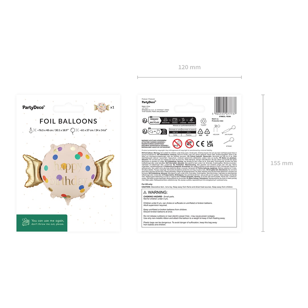 Colourful Dots & Gold Happy Birthday Sweet Candy Shaped Foil Balloon 61cm / 24 in View 4