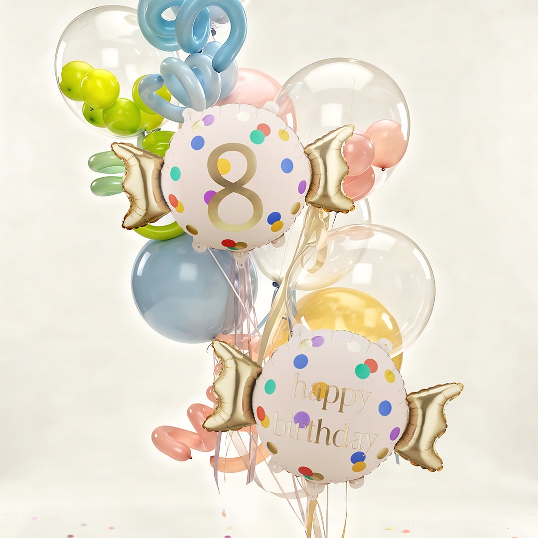 Colourful Dots & Gold Happy Birthday Sweet Candy Shaped Foil Balloon 61cm / 24 in View 2