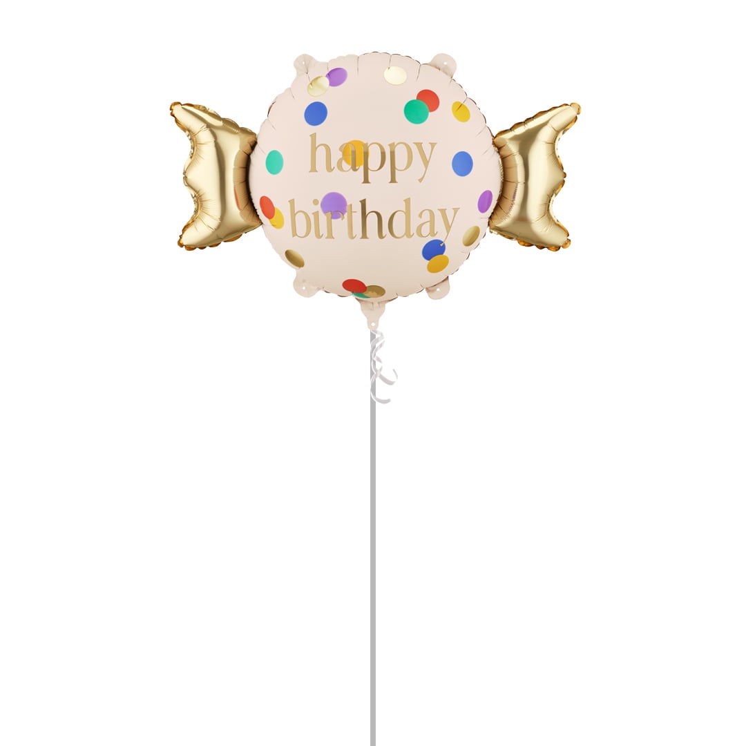 Colourful Dots & Gold Happy Birthday Sweet Candy Shaped Foil Balloon - Inflated Balloon In A Box Product Gallery Image