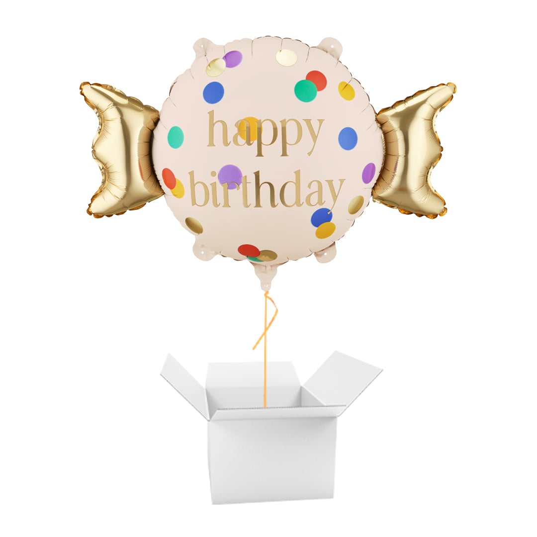 Colourful Dots & Gold Happy Birthday Sweet Candy Shaped Foil Balloon - Inflated Balloon In A Box