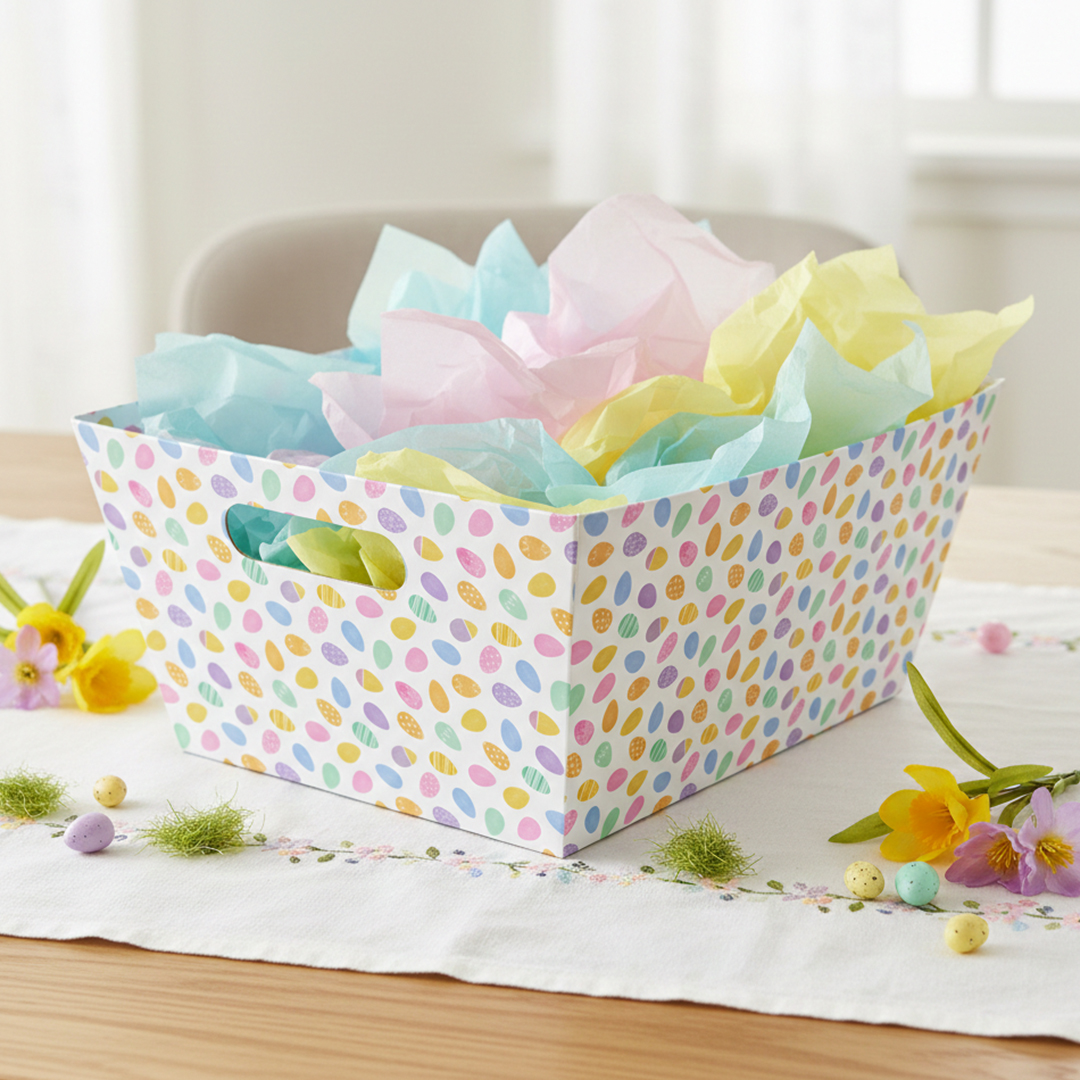 Colourful Easter Eggs White Rectangular Hamper Basket 33cm