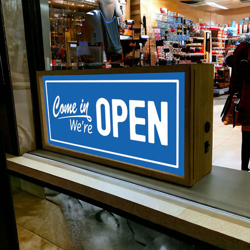 Come In We're Open Blue LED Light Box Wood Room Sign Product Gallery Image