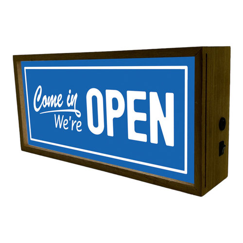 Come In We're Open Blue LED Light Box Wood Room Sign Product Gallery Image