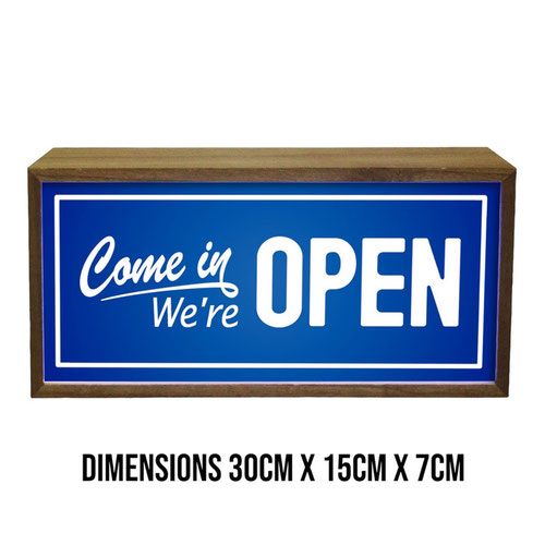 Come In We're Open Blue LED Light Box Wood Room Sign Product Gallery Image