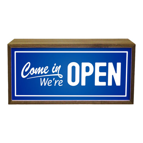 Come In We're Open Blue LED Light Box Wood Room Sign Product Gallery Image