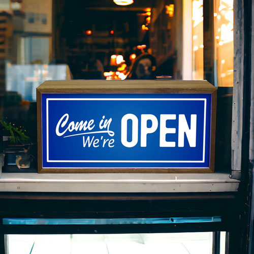 Come In We're Open Blue LED Light Box Wood Room Sign Product Gallery Image