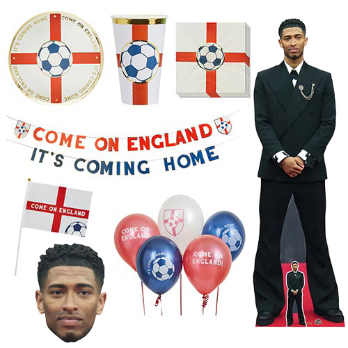 Come On England It's Coming Home Ultimate Party Pack with Jude Bellingham Cardboard Cutout and Face Mask