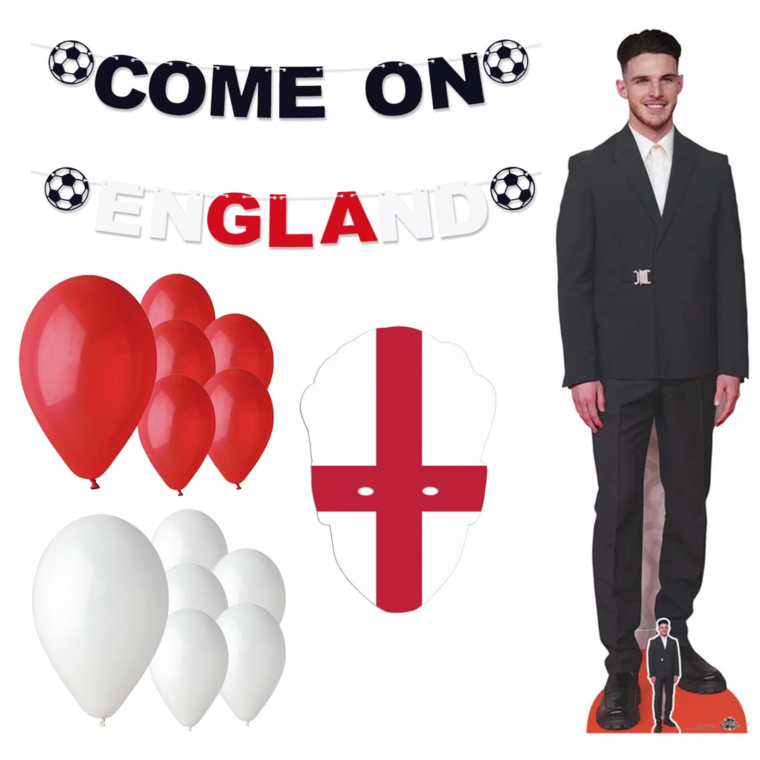 Come On England Party Decoration Kit with Declan Rice Cardboard Cutout and Face Mask